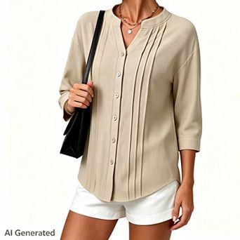 Women Notch Neck Front Pleated Blouse 3/4 Sleeve Button Down Loose Fit Lightweight Casual Shirt