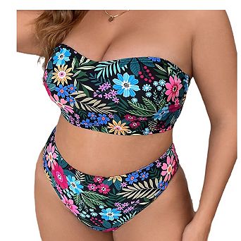 Women Floral Strapless High Waisted Bikini Set Two Piece Bandeau Swimsuit Bathing Suit