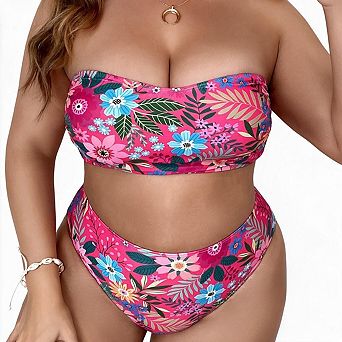 Women Floral Strapless High Waisted Bikini Set Two Piece Bandeau Swimsuit Bathing Suit