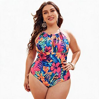 Women Leaf Print Halter One Piece Swimsuit Keyhole Tummy Control Bathing Suit