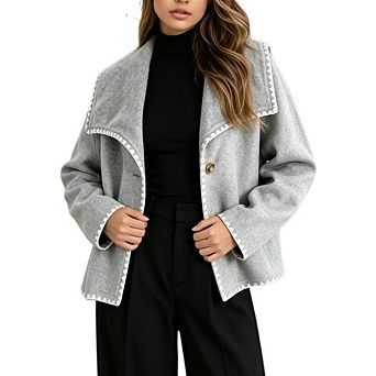 Women's Lapel Short Cardigan Long Sleeve Open Front Overlock Trim Loose Casual Outerwear Coat