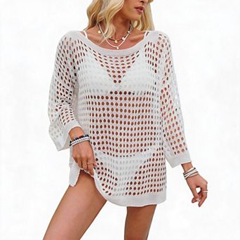 Women Crochet Swim Cover Up 3/4 Sleeve Hollow Out Mesh Beach Tunic Bikini Coverup Shirt