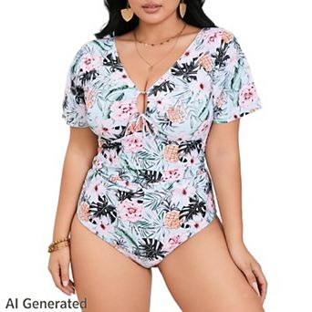 Plus Size One Piece Swimsuits for Women Tummy Control Bathing Suits v Neck Ruffle Sleeve Swimwear