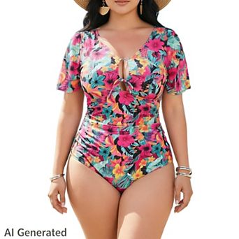 Plus Size One Piece Swimsuits for Women Tummy Control Bathing Suits v Neck Ruffle Sleeve Swimwear