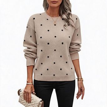 Women’s Loose Fit Jacquard Polka Dot Crew Neck Pullover Sweater with Long Sleeves