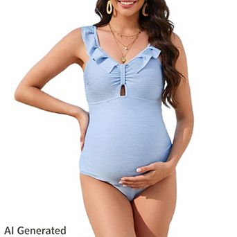 Women One Piece Maternity Swimsuit Elegant Ruffle v Neck Ruched Bathing Suit with Adjustable Straps