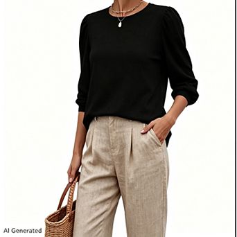 Women Round Neck Puff 3/4 Sleeve Top Loose Fit Cuffed Casual Elegant Everyday Blouse