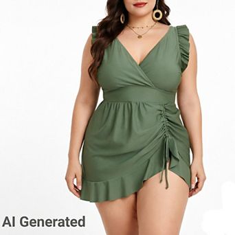Women's Plus Size One Piece Swimsuit Deep v Neck Ruffle Tummy Control Swimwear with Dress