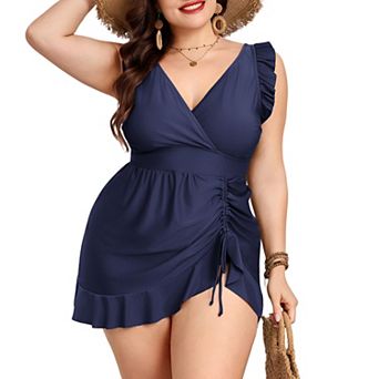 Women's Plus Size One Piece Swimsuit Deep v Neck Ruffle Tummy Control Swimwear with Dress