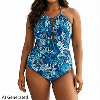 Women Plus Size One Piece Swimsuit Halter Tummy Control High Neck Bathing Suit Ruched Swimwear