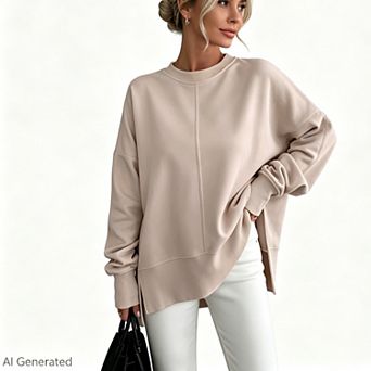 Women Crew Neck Oversize Sweatshirt, Long Sleeve Seamed Side Slit Casual Pullover Top