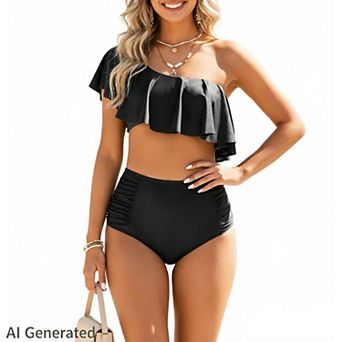 Women's One Shoulder Bikini Sets Ruffle Hem High Waisted Swimsuits Tummy Control Vacation Swimwear