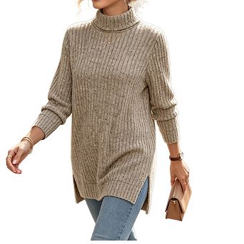 Women’s Turtleneck Long Sleeve Oversized Tunic Tops Side Split High Low Hemline Casual Shirts