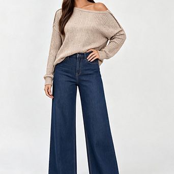 Women's Off Shoulder Long Sleeve Knit Top, Side Button Detail Loose Ribbed Pullover Casual Shirt