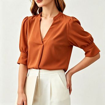 Women V-Neck Wrap Front Puff Short Sleeve Blouse Casual Summer Dressy Casual Top