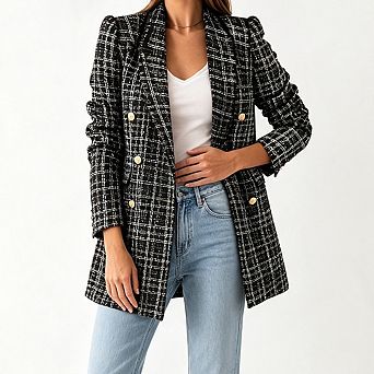 Women Shawl Lapel Double Breasted Tweed Blazer Long Sleeve Open Front Textured Jacket with Pockets