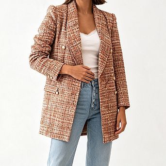 Women Shawl Lapel Double Breasted Tweed Blazer Long Sleeve Open Front Textured Jacket with Pockets