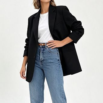 Women Notched Lapel Single Button Long Sleeve Open Front Relaxed Fit Casual Blazer Jacket Pockets