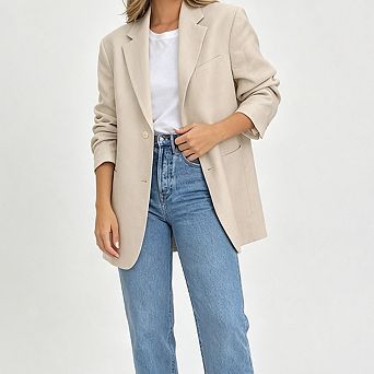 Women Notched Lapel Single Button Long Sleeve Open Front Relaxed Fit Casual Blazer Jacket Pockets