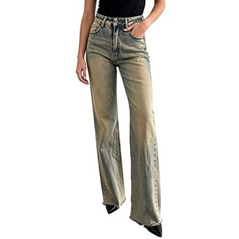 Women High Waist Vintage Denim Casual Wide Leg Trousers