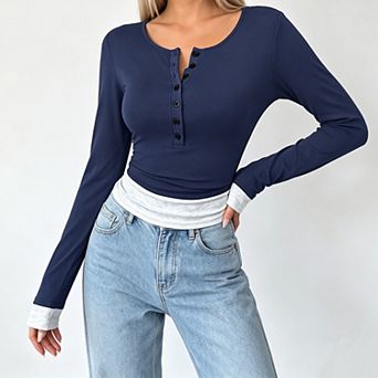 Women's Fake Two Piece Long Sleeve Crop Top, Henley Half Button Contrast Cuff Slim Fit Knit T-Shirt