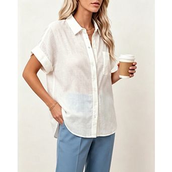 Women Cotton Shirts Short Sleeve Button Down Relaxed Fit Collared Blouse With Chest Pocket