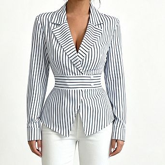 Women Vertical Stripe Lapel Wrap Long Sleeve Cuffed Slim Peplum Split Hem Blouse Shirt