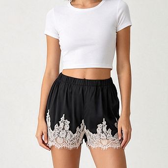 Women Elastic High Waist Eyelash Lace Hem Loose Satin Casual Sleep Lounge Shorts