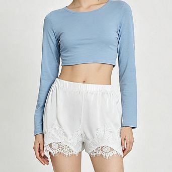 Women Elastic High Waist Eyelash Lace Hem Loose Satin Casual Sleep Lounge Shorts