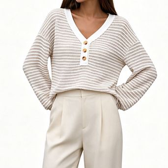 Women's Waffle Striped Long Sleeve Top, V Neck Henley Button Contrast Trim Loose Knit Pullover