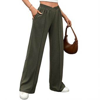 Womens High Waist v Crossover Solid Loose Casual Trousers Wide Leg Elastic Palazzo Pants with Pocket