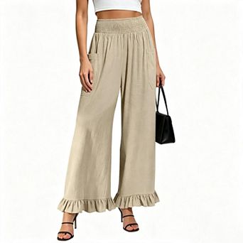 Women Smocked Elastic High Waist Ruffle Hem Wide Leg Pants Casual Trousers With Side Pockets