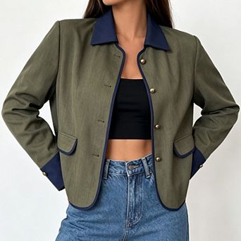 Women's Contrast Trim Cropped Jacket, Lapel Metal Button Long Sleeve Pocket Casual Outer Coat