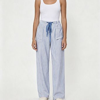 Women Stripe Elastic Waist Drawstring Wide Leg Pants Side Patch Pocket Loose Casual Trousers