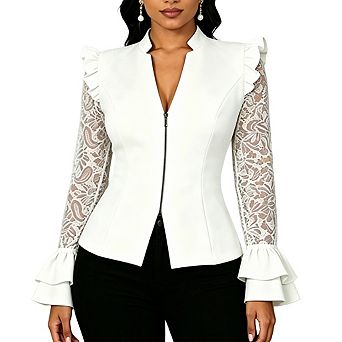 Women Ruffle Shoulder Lace Sleeve Blazer Jacket Front Zip Bell Cuff Slim Fitted Cropped Outerwear