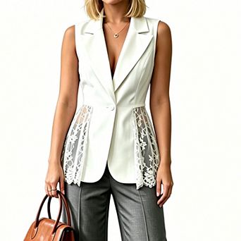 Women's Notched Lapel Single Button Blazer Vest Lace Peplum Hem Sleeveless Dressy Casual Waistcoat