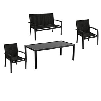 Space-Saving 4 pc Patio Bistro Set Loveseat, 2 Textilene Chairs & Tempered Glass Table