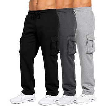 Blue Ice Men's Open Bottom Fleece Jogger Sweatpants with Velcro Cargo Pockets-3 Pack