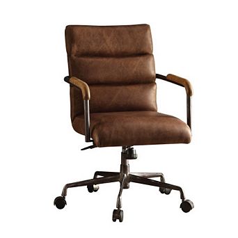Vintage Brown Leather Swivel Office Chair with Casters for Home Office