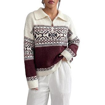 Women Sweater Collared Long Sleeve Color Block Knit Casual Vintage Winter Pullover