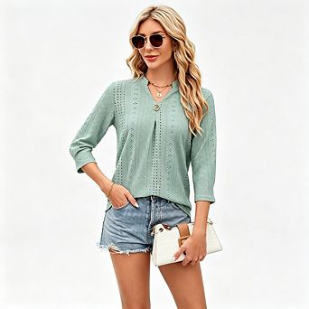 Women Eyelet Embroidery Blouse Notch V Neck 3/4 Sleeve Loose Casual Tunic Tops