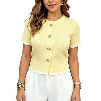 Women Short Sleeve Ribbed Knit Cardigan Crew Neck Ruffle Trim Button Down Cropped Sweater Top