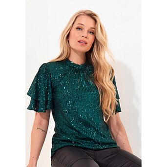 Joe Browns Women's Plus Size Short Flutter Sleeve Sequin Top
