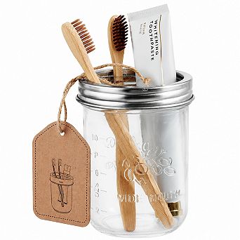 INQCMY Mason Jar Bathroom Toothbrush Holder Glass Countertop