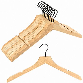 12 Pack Rubber Wood Clothes Hangers With Rotatable Black Hook Smooth Notches