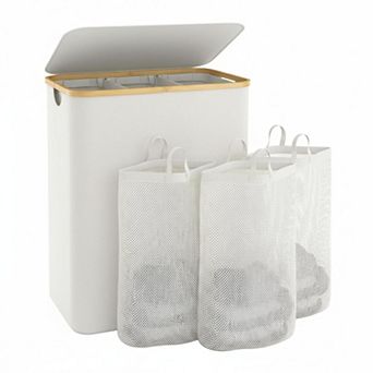 Extra Large 3 Section Laundry Hamper Bamboo Lid Removable Bags 145L Capacity