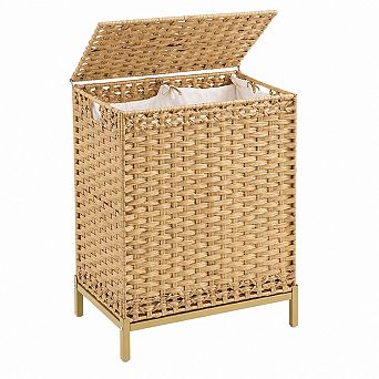 112L Handwoven Rattan Laundry Hamper With Lid 2 Removable Liner Bags Metal Feet