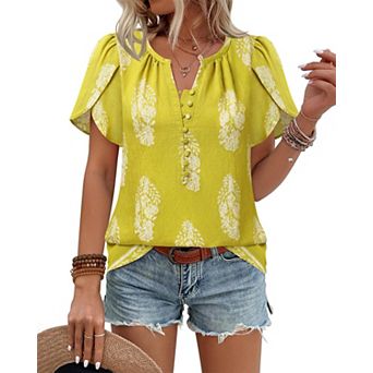 Womens Summer Boho Tops Petal Puff Sleeve Casual Business Blouses Beach Vacation Wear