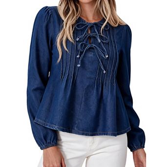 Women's Bow Tie Front Peplum Denim Top with Puffy Sleeves and Ruffle Hem