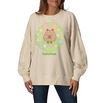 Women's CapyFun Capybara Christmas Wreath Oversized Fleece Crew Sweatshirt